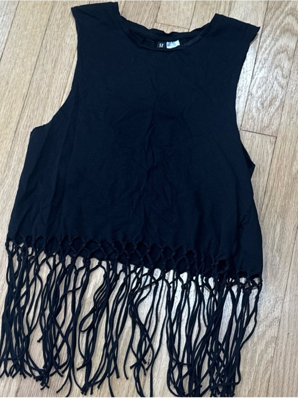 Divided Black Cropped Tank with Knotted Fringe